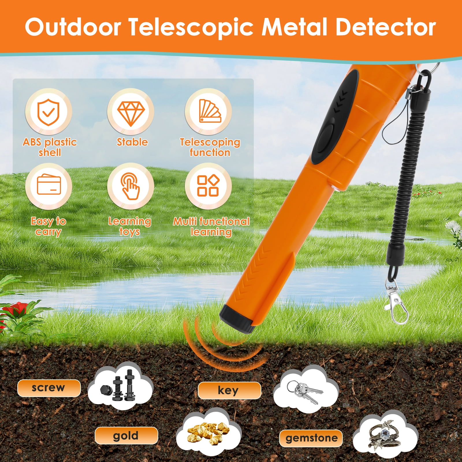 Ikoopy Waterproof Metal Detector with Hanging Storage Bag 360° Detection Handheld Pin Pointer Wand for Outdoor Beach Treasure