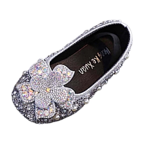 Floleo Girls' Rhinestone Flower Ballet Flats Elastic Strap Bling Sequin Princess Shoes for Toddlers & Little Girls Birthdays Weddings and Special Events(Silver,3-3.5 Years)