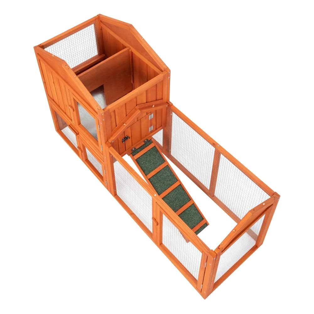 Hassch 2-Story Rabbit Hutch with Run, Outdoor Bunny House, Small Animal Cage with Roof and Door for Guinea Pigs, Ducks, Chicken, Wood Color