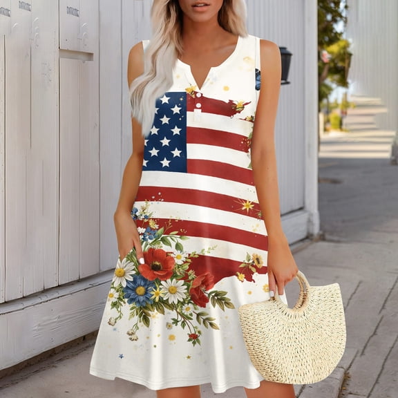 Summer 2026 Dresses for Women 250 Years Anniversary Dress Sleeveless 1776-2026 Fashion Casual Wrap V Neck A-Line Sundress