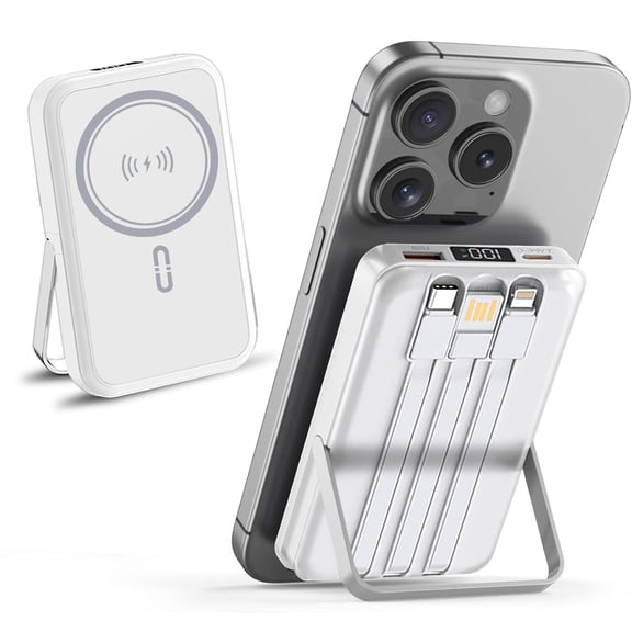 10000mAh Magnetic Power Bank w/ Stand- 3 Cables & Wireless Charging