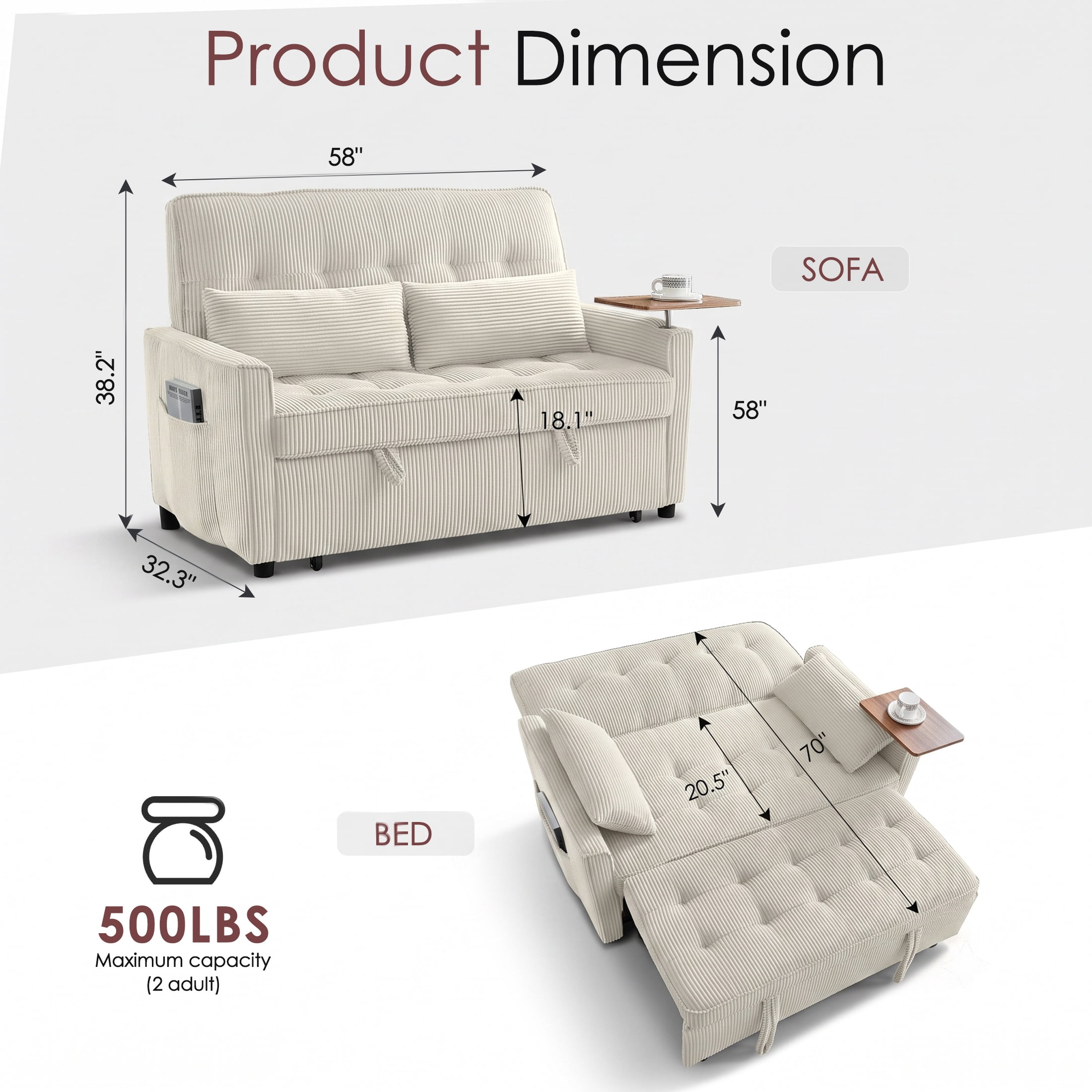avobird 54'' 3 in 1 Pull Out Sofa Bed, Convertible Couch with Adjustable Backrest/Side Pockets/USB Charging Ports, Sleeper Sofa with small table for Living Room, Beige