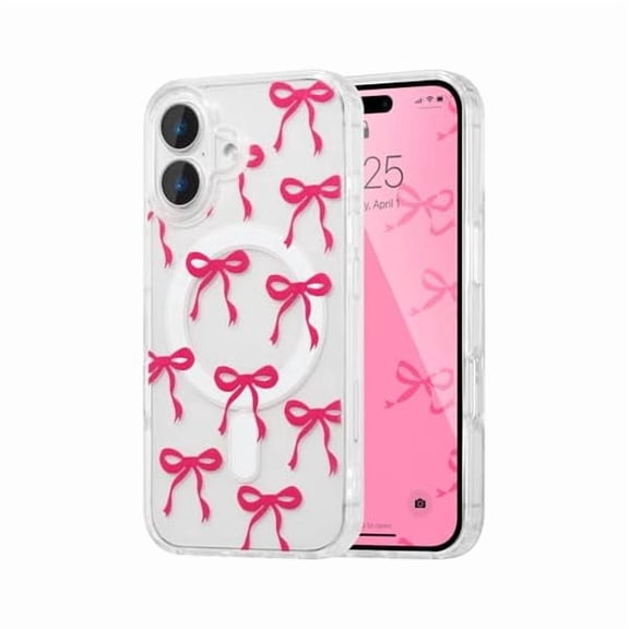 ZHU997 Magnetic for iPhone 17 Case, Bow Case Compatible with MagSafe, Wireless Slim Clear Ribbon Aesthetic Phone Cover Anti-Yellowing Shockproof Protective Cover for Women Girl - Hot Pink