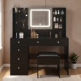 thumbnail image 2 of Hassch 47.2 Inch Vanity Desk with Light and Mirror Cabinet, Charging Station and Cushioned Stool, Makeup Dressing Table with Hooks and Glass Top, Shelves and 5 Drawers for Bedroom, Black, 2 of 8