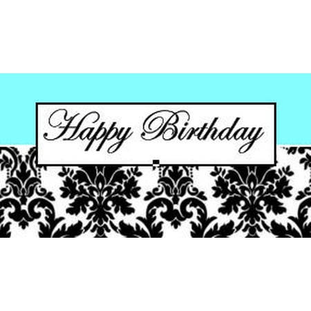 Black & Damask Happy Birthday Elegant Edible Frosting Photo Cake Topper - Sky Blue