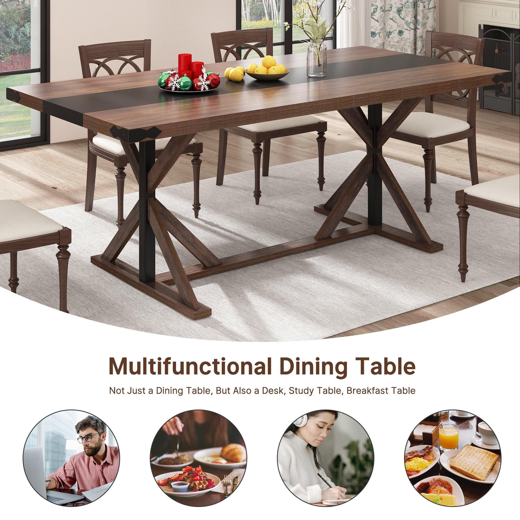 Blotout 71" Modern Farmhouse Dining Table for 6-8 Person, Rectangular Wood Dining Table with Adjustable Feet, Kitchen Table for Dining Room, Gathering, Kitchen (Brown)