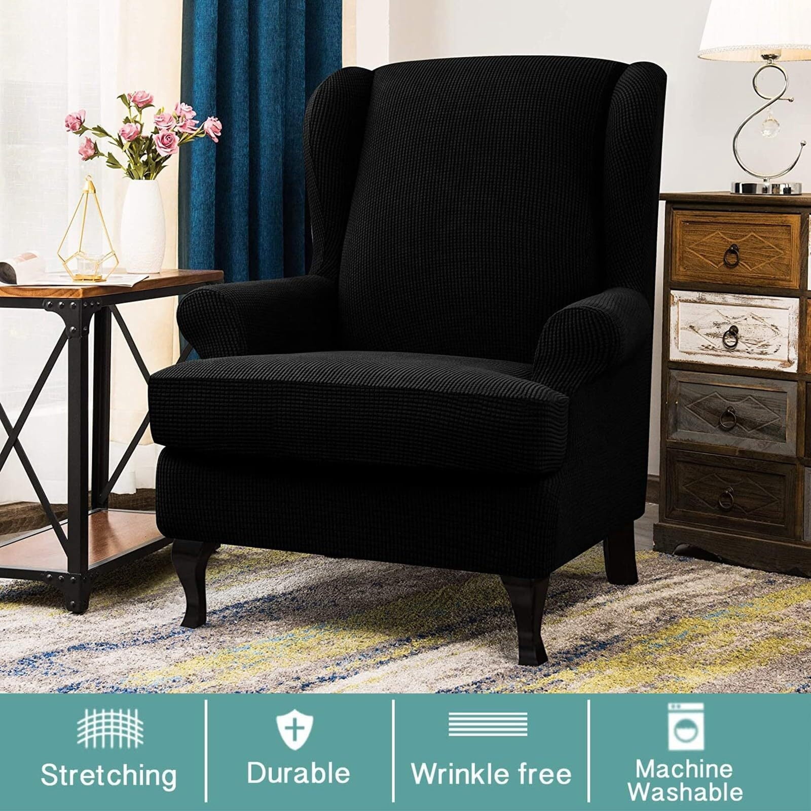 LKJYER Wing Chair Slipcover 2 Pieces Soft Wingback Chair Covers Wingback Chair Covers Spandex Jacquard Checked Pattern Sofa Cover for Living Room and Bedroom