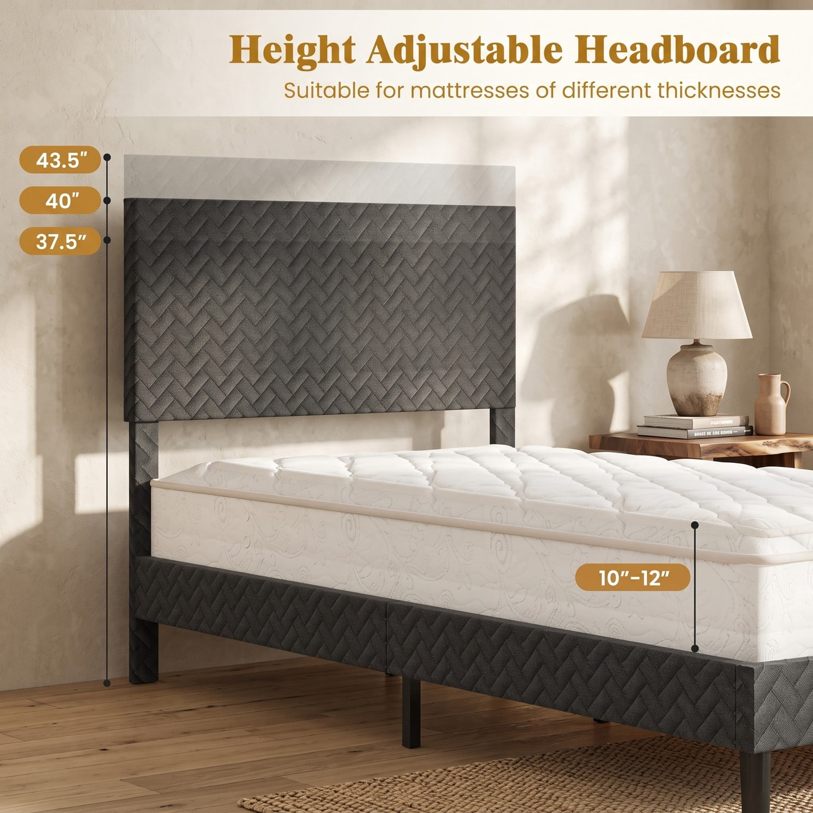 Furnibear Twin Bed Frame with Headboard, Velvet Upholstered Platform Bed with Height Adjustable Chevron Headboard and Wood Slats, Gray