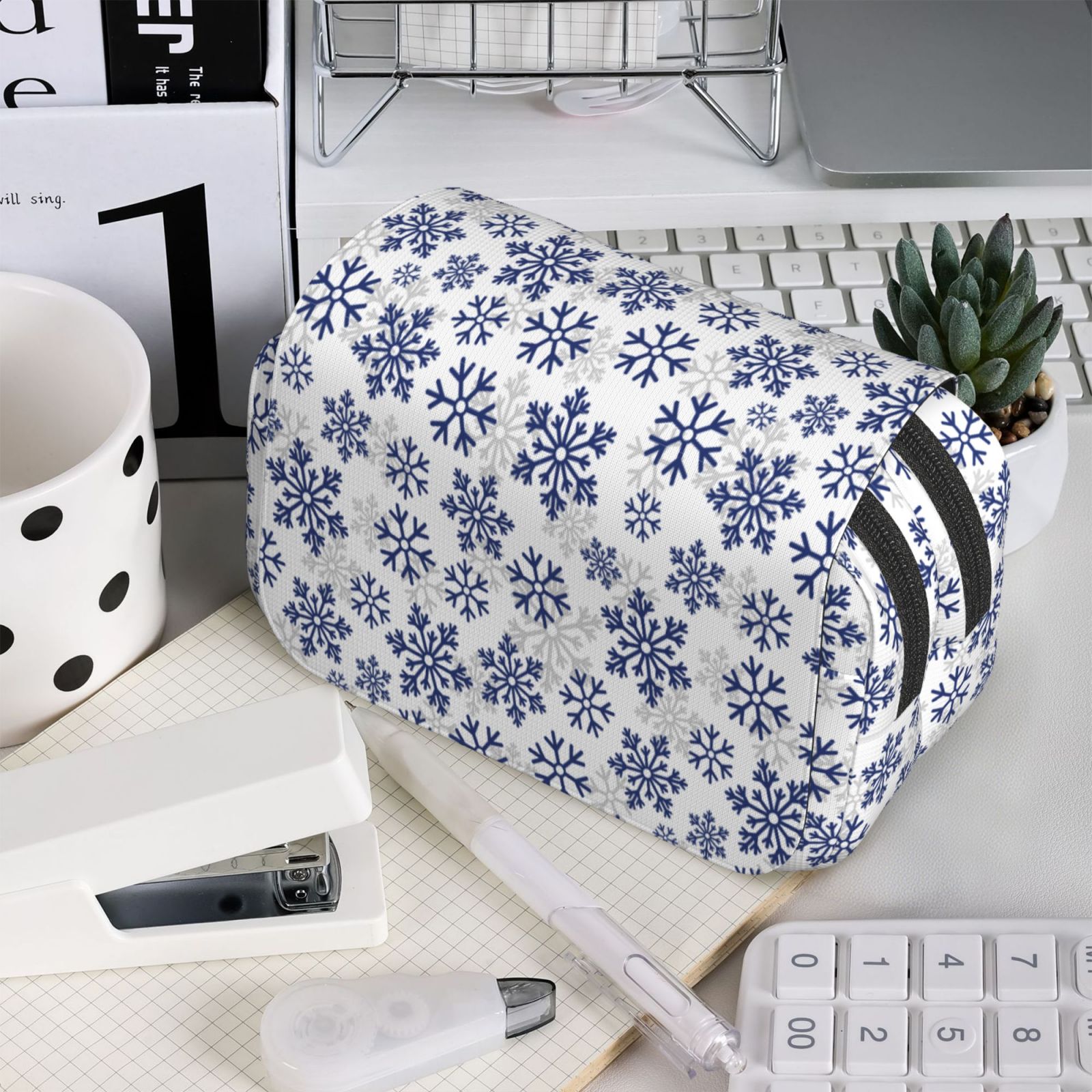 Rateoe Dark Blue Snowflakes Pattern Double Clamshell Pen Case, Storage Organizer with Two Zipper Compartments– Holds Up to 50 Pencils & Pens