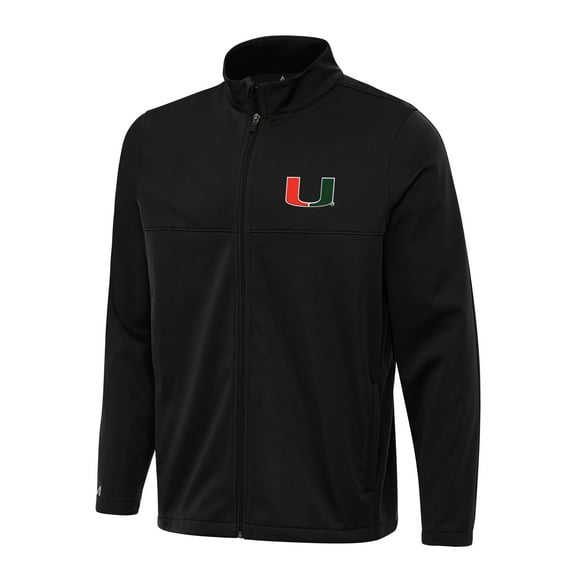 Men's Antigua Black Miami Hurricanes Links 2 Full-Zip Golf Jacket