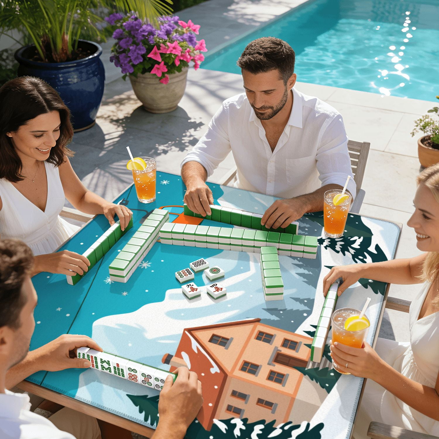 Mahjong Mat 31.5" x 31.5" Ski resort red gondola lift chalet mountain landscape Non-Slip Noise Reduction American Mahjong Tiles Table Cover for Dominoes Poker Card Board Games Gift