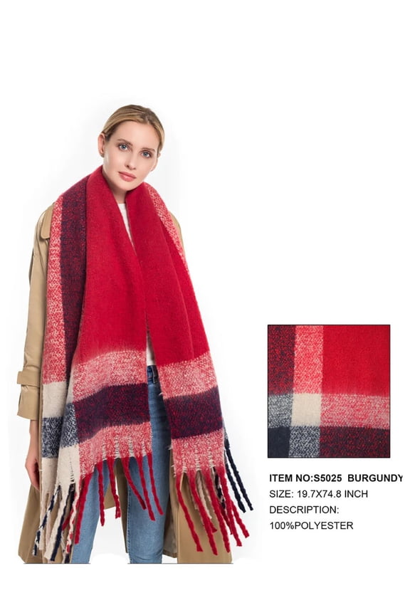 Women's Designer Print Scarf Fashion Block Plaid Tassel Oblong Scarf S5025 Burgundy
