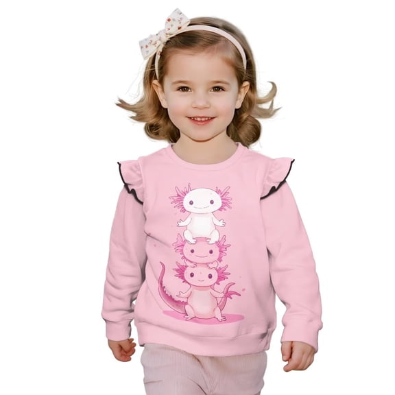 Garronmavis Cute Pink Axolotls Long Sleeve Sweatshirt 2T Comfortable Kids Sweatshirts Pullover Loose Ruffle Long Sleeve Girls Top Stylish Girls Pullover Crewneck Sweatshirt for Toddler Kids