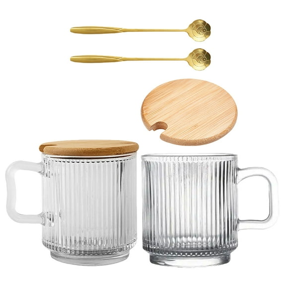 WHAMVOX Glass Coffee Mugs with Lid and Spoon Easy to Grip Handle for Home Use Clear Water Cups