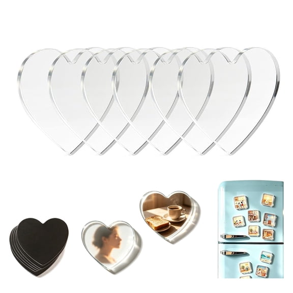 6 Pack Clear Acrylic DIY Fridge Set with Adhesive Soft Base - Heart Shaped Photo Frames for Crafts, Kitchen, Classroom, Party & Office Decoration