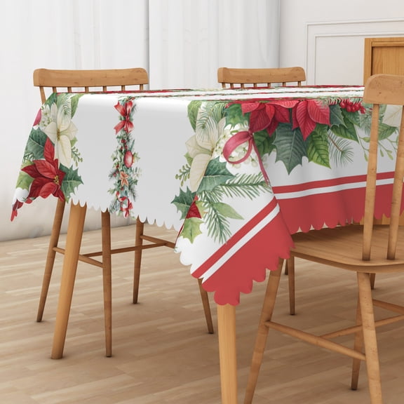 Christmas Tablecloth Rectangular Winter Red White Poinsettia Floral Table Cover Cozy Holiday Indoor Kitchen Decor 60"W x 102"L