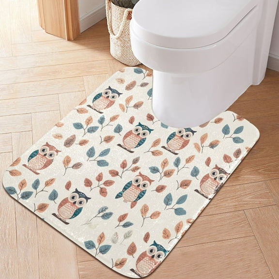 Toilet Rug U-Shaped Bathroom Rugs Non-Slip Soft Plush Machine Washable Contour Bath Mat Owls and Leaves 24x20