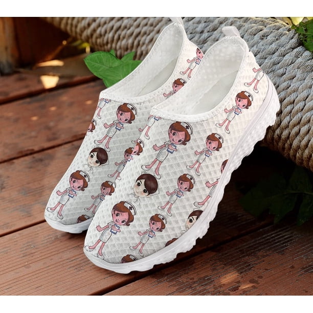 Zapatillas de deporte transpirables con estampado de enfermera para mujer, zapatos planos antideslizantes, zapatos para caminar, zapatos de enfermería
