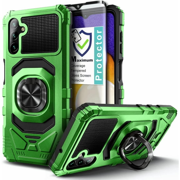 Nagebee Phone Case Compatible for Samsung Galaxy A14 5G with Tempered Glass Screen Protector (Full Coverage), Full-Body Protective [Military-Grade] Magnetic Car Mount Ring Holder Durable Case (Green)