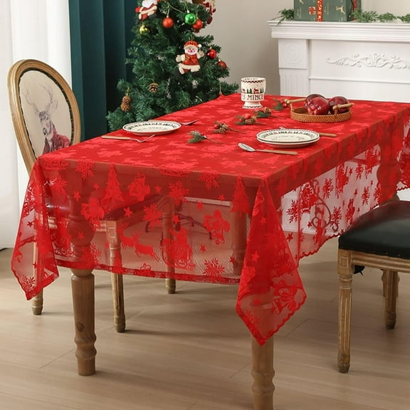 Christmas Table Cloths Rectangle 140*180cm, Red Lace Table Covers Embroidered Trees Bells Pattern Polyester Table Cloth Party