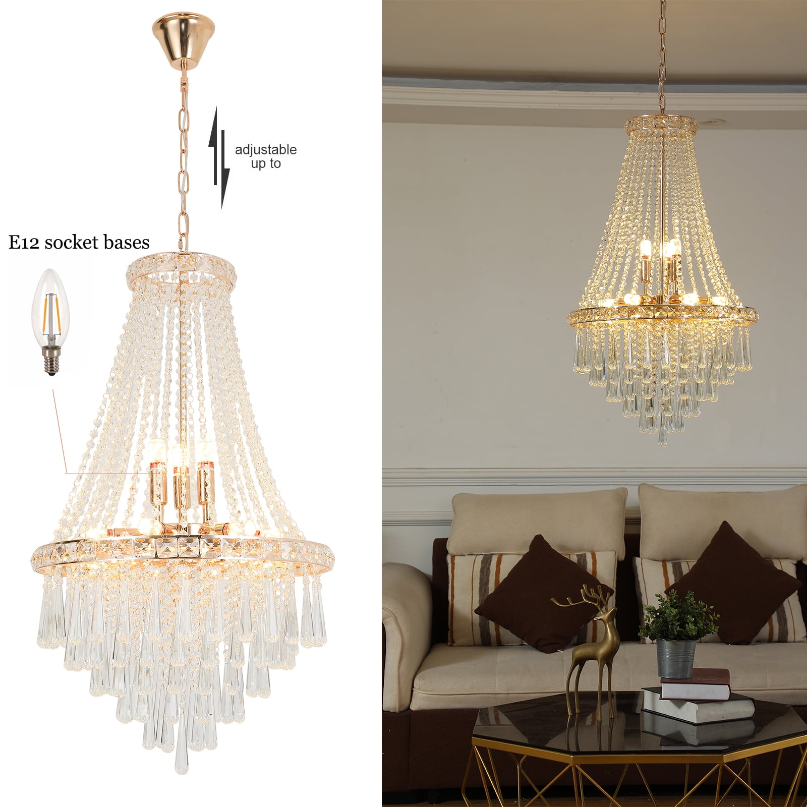 Modern Luxurious Crystal Empire Chandelier, 9-Light Raindrop Pendant Ceiling Light Fixture for Hallway Foyer Dining Room Living Room D19.68'' x H34.64'' Gold/Silver