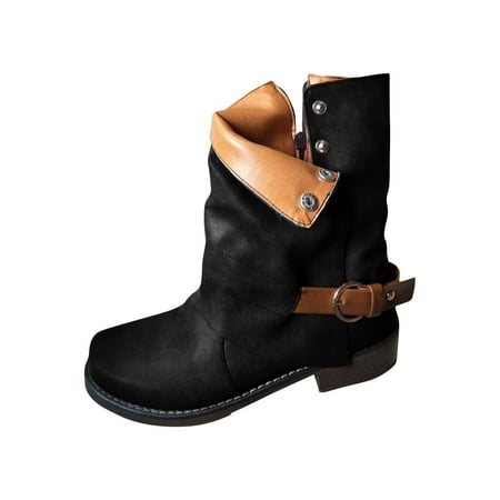 

YOTAMI Women s Boots Winter Warm Cuffed Shoes Belt Buckle Side Zipper Low Boots Workwear Black 9