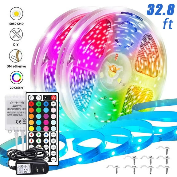 JudiXY LED Strip Lights, 32.8ft RGB Color Changing Light Strip Kit with Remote and Control Box for Room,Bedroom, TV, Cupboard Decoration, Bright 5050 LEDs