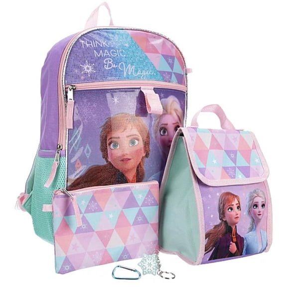 Disney Frozen Kids Backpack 5 Piece Set With Lunch Bag, Supply Case, Carbiner, and Key Chain