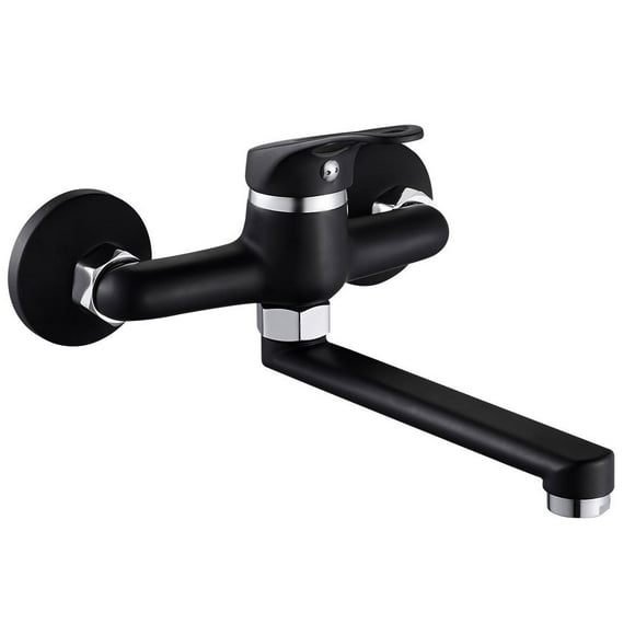 PENGXIANG Black Wall Mounted Kitchen Sink Mixer Taps 20cm Swivel Spout Brass Single Lever;