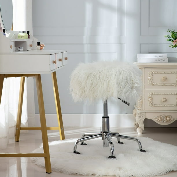Faux Fur Vanity Chair Modern White Furry Makeup Ottoman Comfy Round Stool Padded Seat With Wheels For Teens Girls Living Bedroom And Dressing Room Com Faux Fur Vanity Chair Modern White, White Fluffy Stool For Vanity