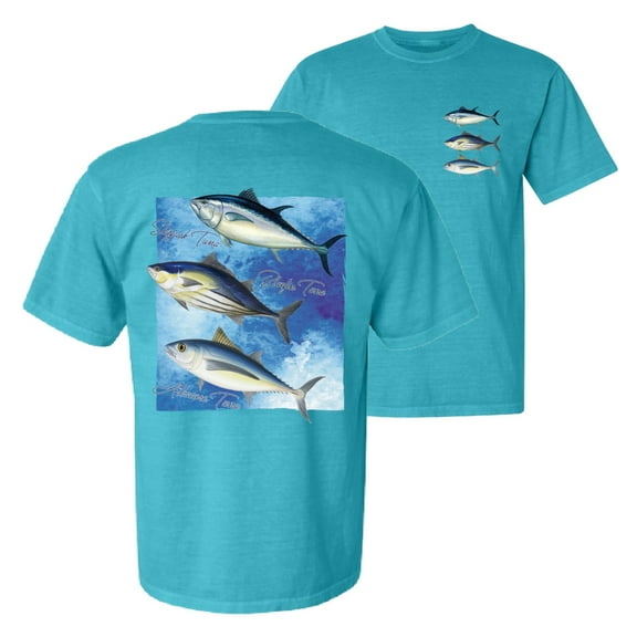 Wild Bobby, Cool Skipjack Bluefin Albacore Tuna Fish Trio, Fishing, Front and Back Garment-Dyed Short Sleeve Tees, Blue Lagoon, Small