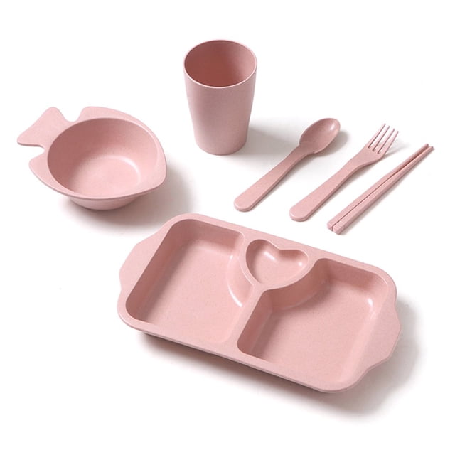 Kitchen 6pcs Kids Dinnerware Set Lightweight Plate with Dividers and Handle Degradable Dishwasher Safe Plastic