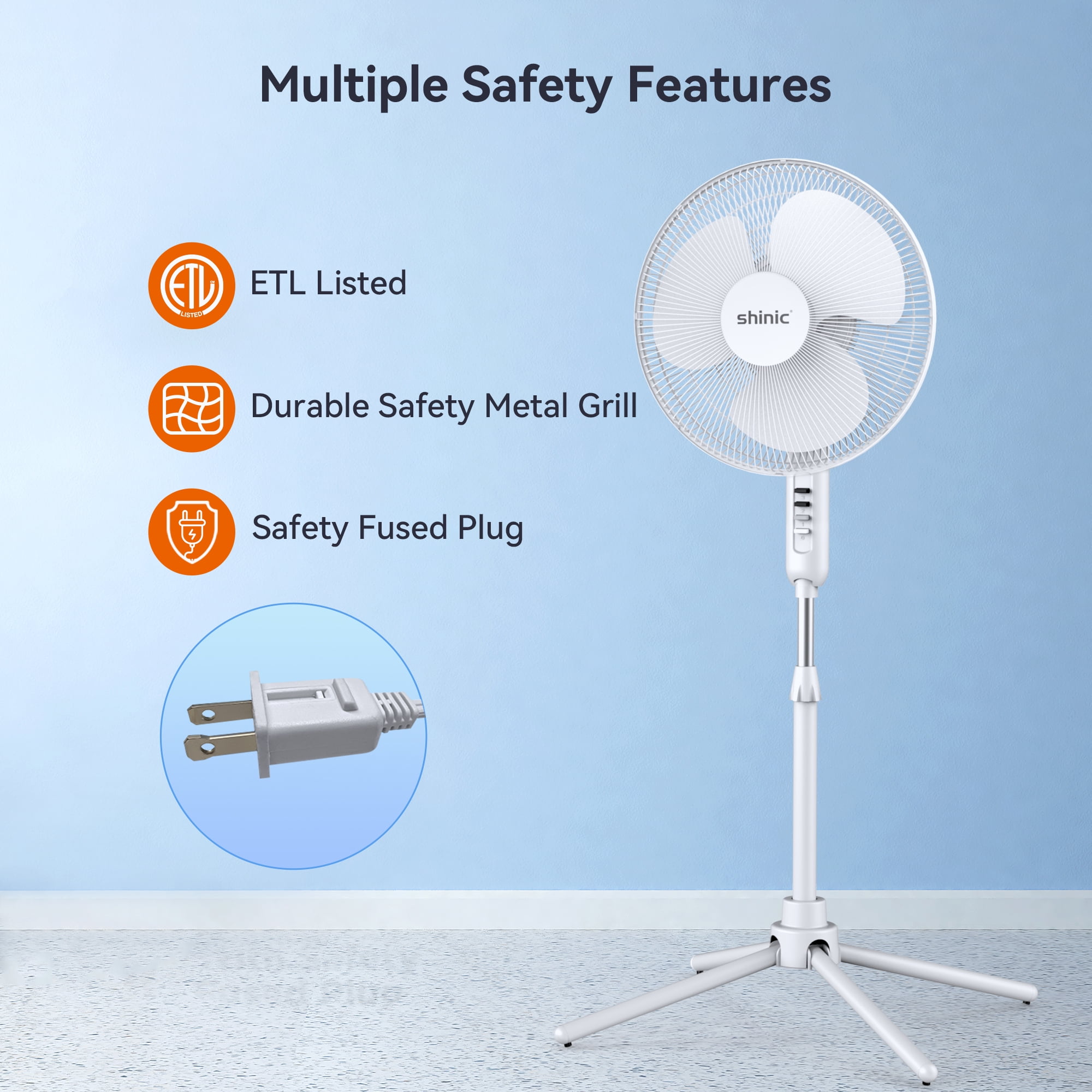 Shinic 16" 3-Speed Oscillating Pedestal Fan with Folding Base, Adjustable Height and Tilt,41"- 47", White