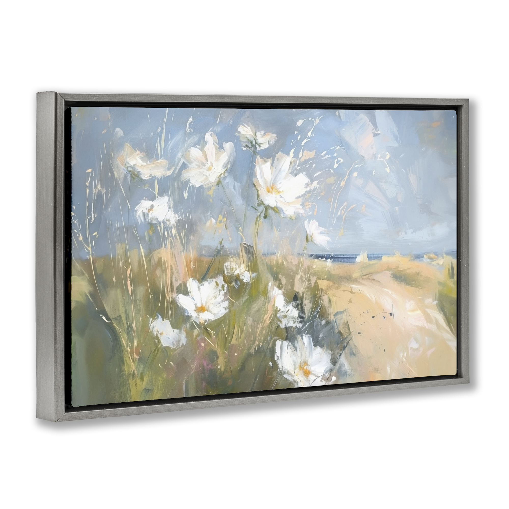Stupell Industries Seaside Wildflowers Scenery Botanical & Floral Painting Gray Floater Framed Canvas Art Print Wall Art, 25 x 17