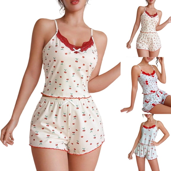 Helii Women's Cherry Print Pajama Set Lace Trim Spaghetti Strap Cami Top and Shorts Soft Stretchy Sleepwear 2 Piece Lounge Sets for Summer Sleeping Home Vacation
