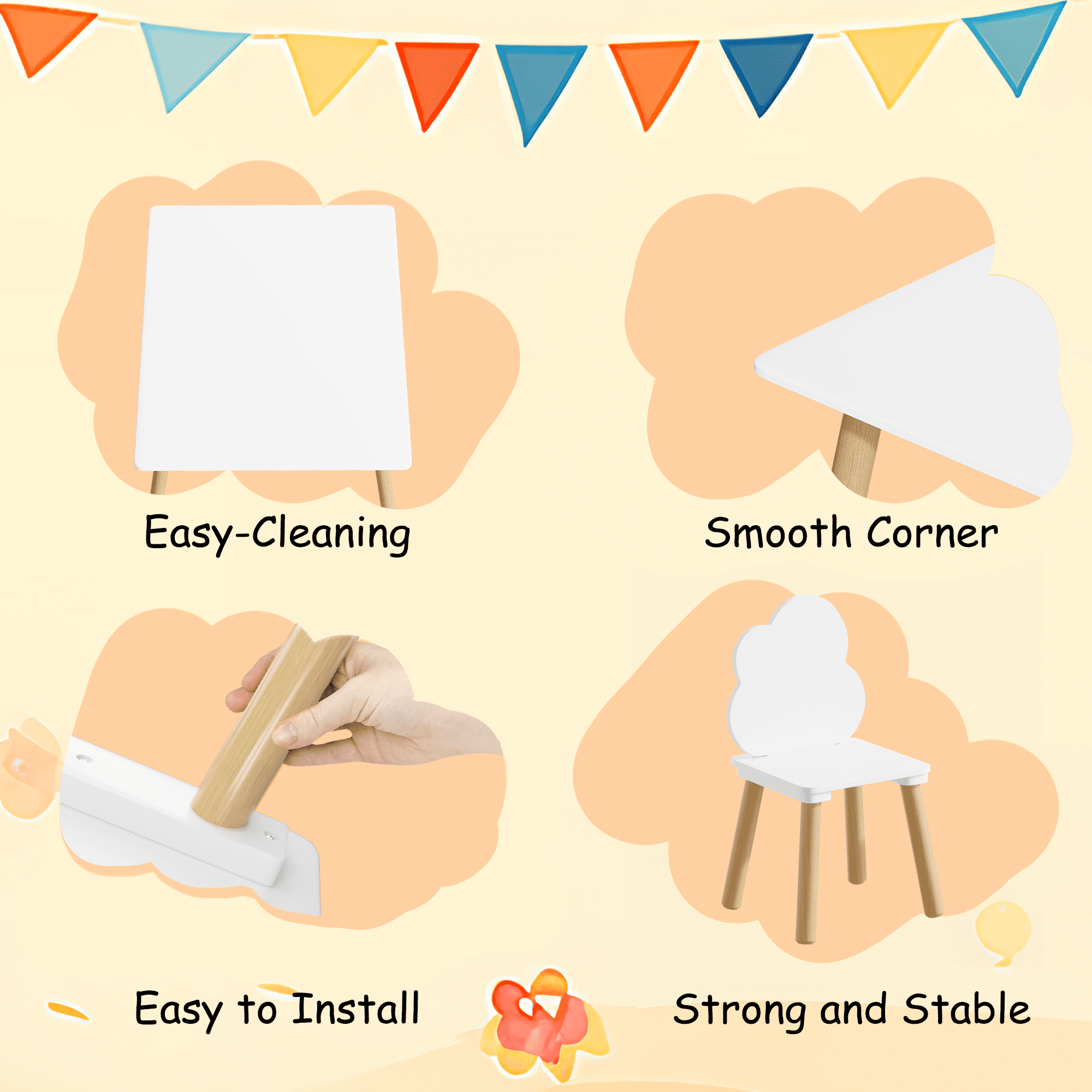 Kids Table and Chair Set 31.5 Inch, 5 Piece Wooden Activity Table and 4 Chairs for Toddlers Children, White