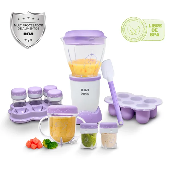 RCA Procesador de Alimentos BabyBullet RC-NBB, 200 W, libre de BPA, cuchillas de acero inoxidable, incluye 6 tarros de 50 ml, vaso con asas de 170 ml, bandeja flexible, espátula y vaso de 295 ml.