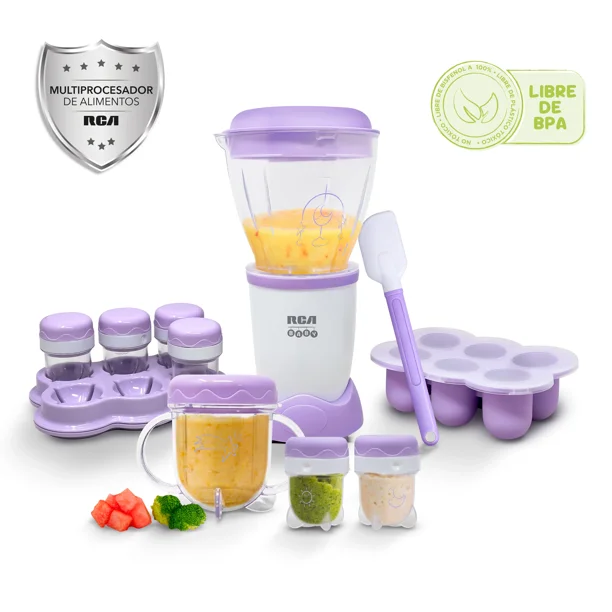 RCA Procesador de Alimentos BabyBullet RC-NBB, 200 W, libre de BPA, cuchillas de acero inoxidable, incluye 6 tarros de 50 ml, vaso con asas de 170 ml, bandeja flexible, espátula y vaso de 295 ml.