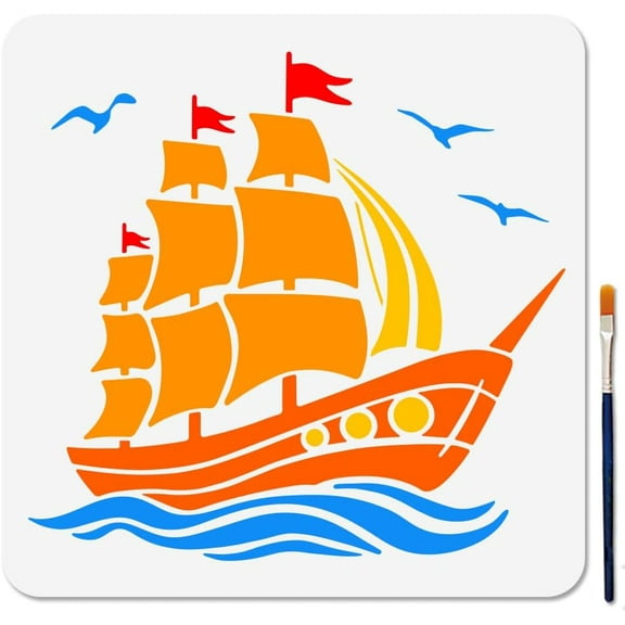 1 pc Sailboat Stencil 11.8×11.8inch Nautical Sailing Ship Stencil with Paint Brush Seagull Sea Wave Template Reusable Ocean Theme Template for Wood Window DIY Craft Photo Album
