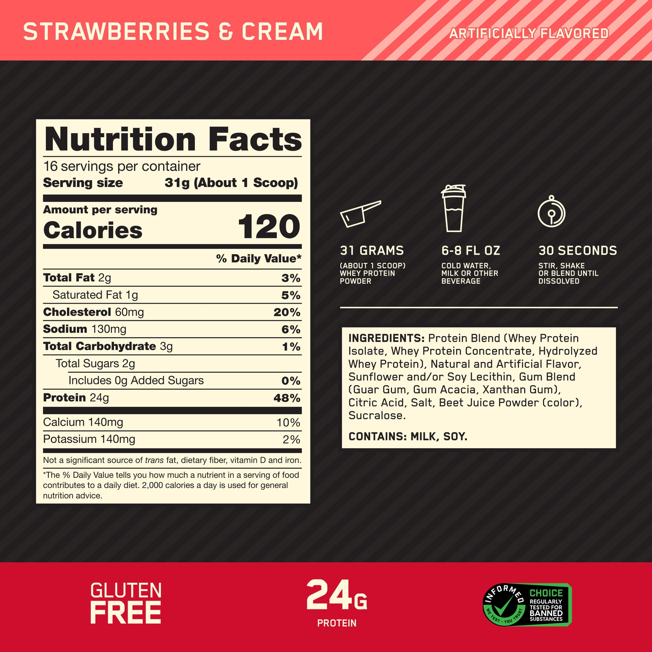 Optimum Nutrition, Gold Standard 100% Whey Protein Powder, Strawberries & Cream, 16 Servings