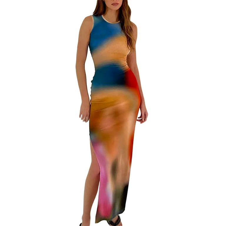 Kdfjpth Women's Casual Tie Dye Bodycon Maxi Dress Sleeveless Tank Wrap Split Y Long Dresses, Size: Medium, Blue