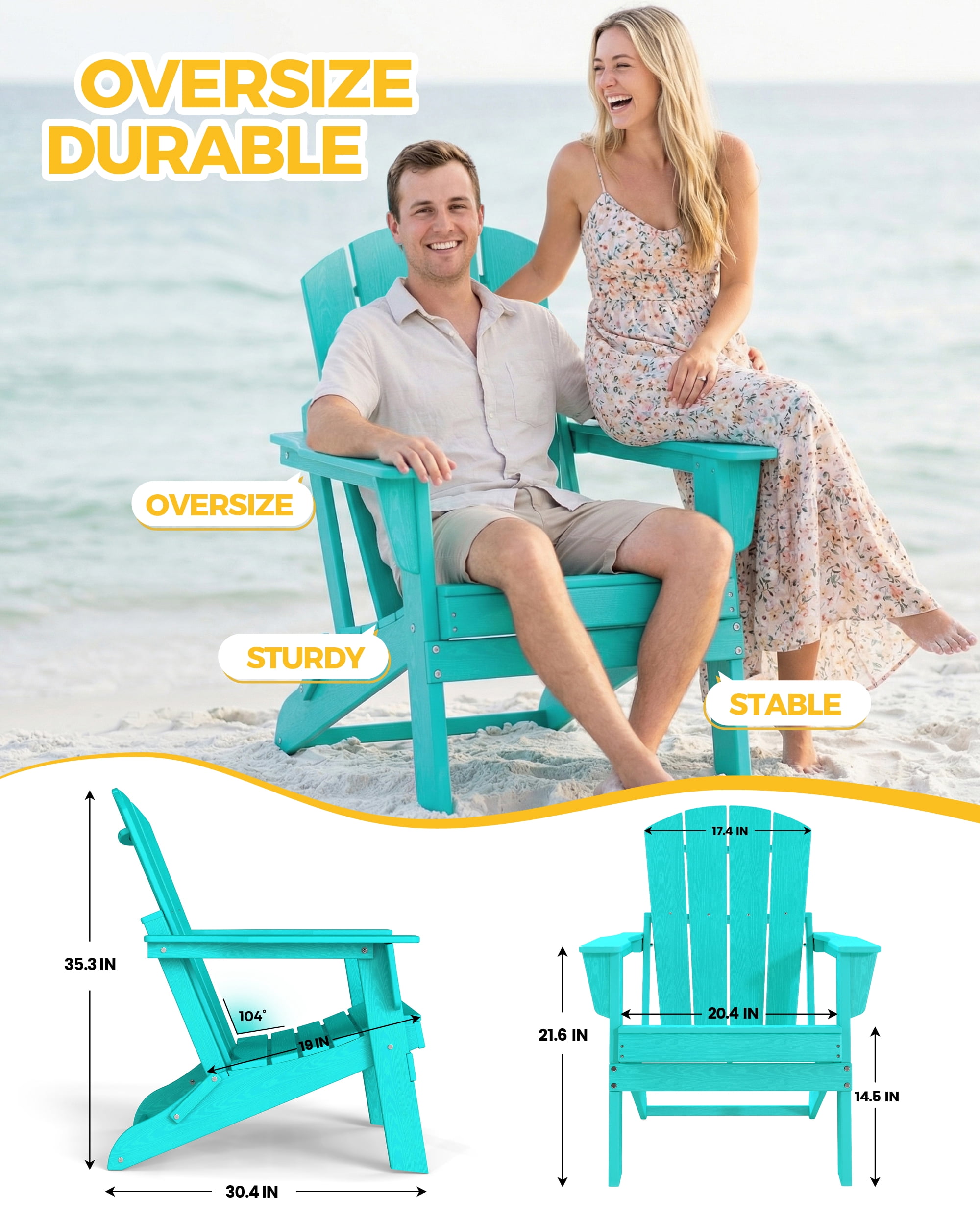 Cobiod Folding Adirondack Chair Set of 2, HDPE Patio Chair, All-Weather Space-Saving Foldable Fire Pit Seating for Camping, Backyard, Deck - Aruba Blue