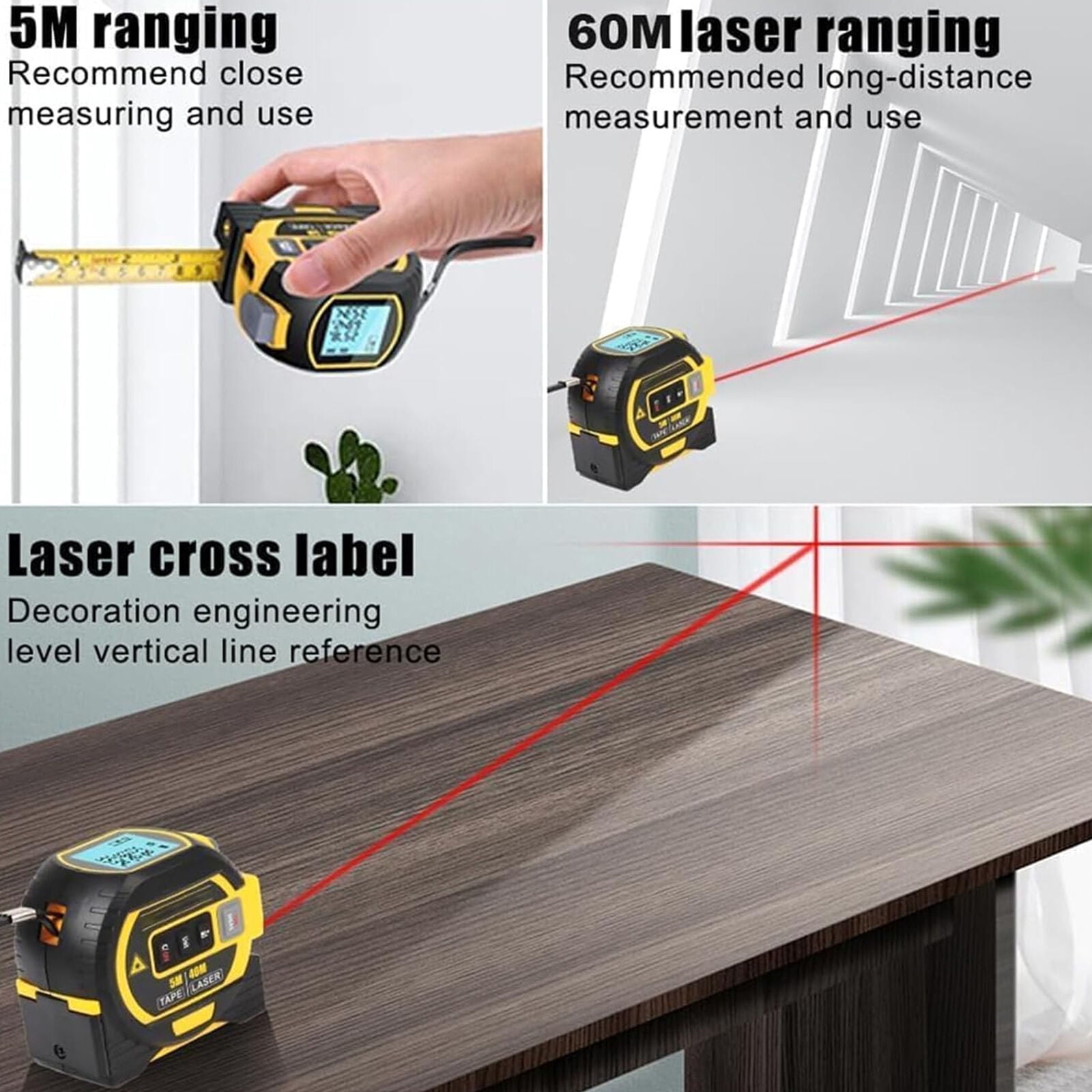 3 in 1 Digital Laser Tape Measure & Laser Cross Marking 131ft/40m Laser Distance Meter and 16Ft/5m AutoLock Tape Backlight LCD Screen for Indoor and Outdoor Use