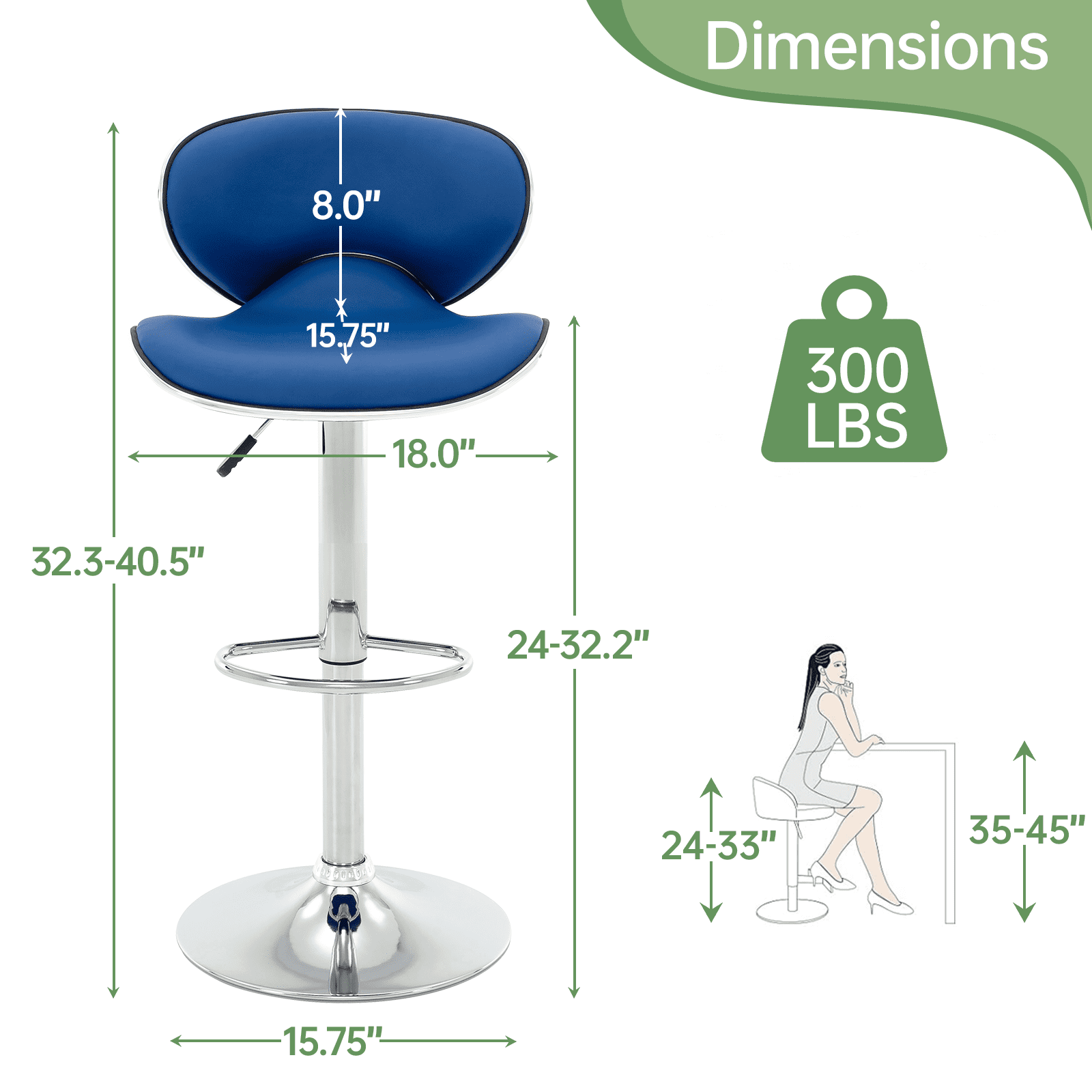 Bar Stools Set of 2, Adjustable Swivel Barstools, Modern PU Leather Counter Height Stools with Back and Footrest for Island, Dining, Bistro, Pub (Blue)