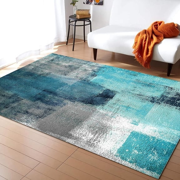 Abstract Turquoise Gray Living Room Rug, Oil Painting Teal Graffiti Area Rugs, Washable Foldable Non Slip Backing Dirty Resistant Carpet For Bedroom Bathroom Entryway Pet Office 5x7ft