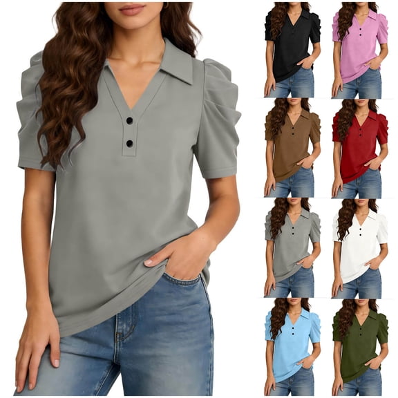 Hinvhai Womens Ruffle Button Down Shirts Solid Color Cute Summer Short Sleeve Tops Fashion Causal Tees White XL(XL)