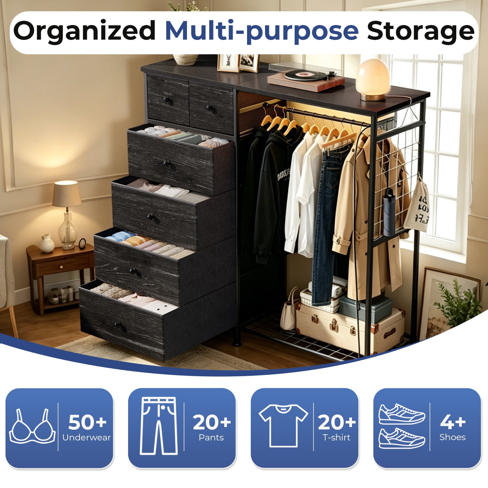 CONCETTA Dresser for Bedroom with Hanging Rack 6 Drawers Dresser, LED Lights & Charging Station, Wooden Top, Grid Panel, Black Wood