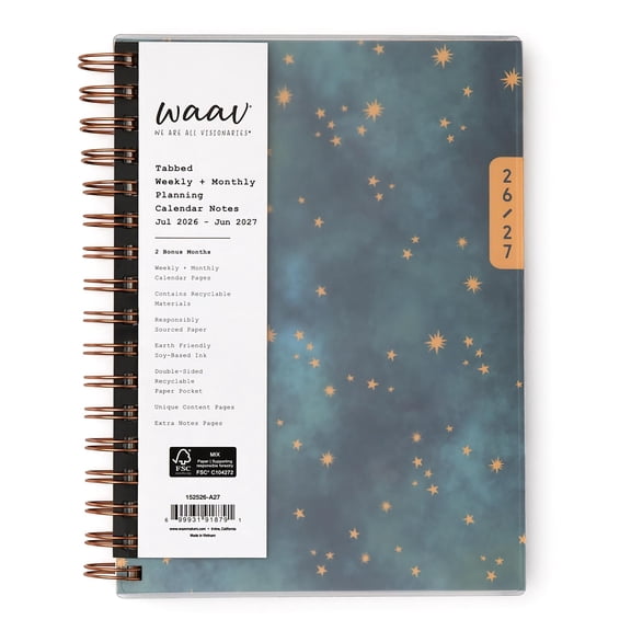 Blue Sky WAAV 2026-2027 Weekly and Monthly Academic Year Planner Calendar, July 2026 - June 2027, 7" x 9", Flexible Cover, Laminated Tabs, Storage Pocket, Includes 20 Extra Notes Pages, Callisto