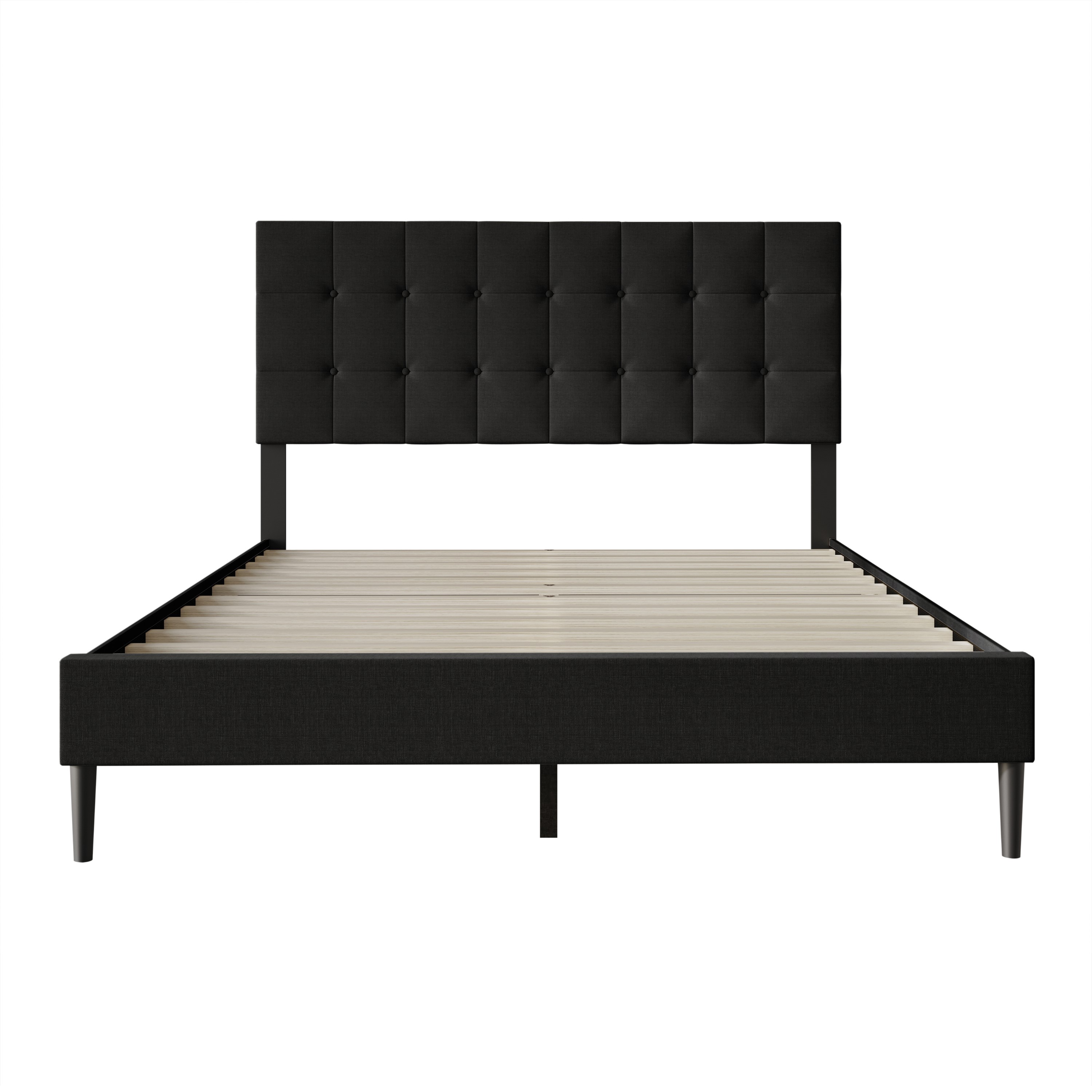 Home Design Evanston Full Tufted Upholstered Platform Bed with Slatted Wood and Foam-Padded Headboard, Black, Easy Assembly