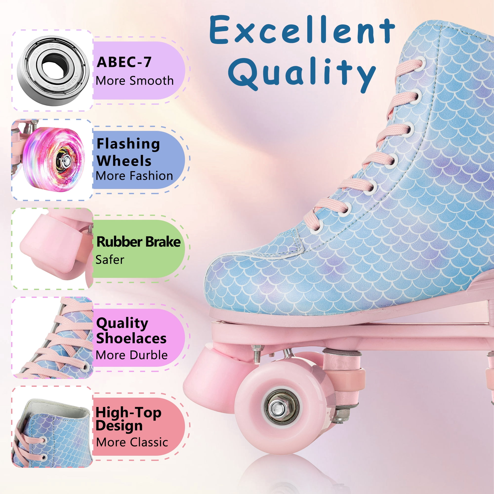 YYW Teen Kids Roller Skates,Light-up-Wheel Double Row Quad Skate for Beginner Adult,Blue(Women 7.5/Men 6)